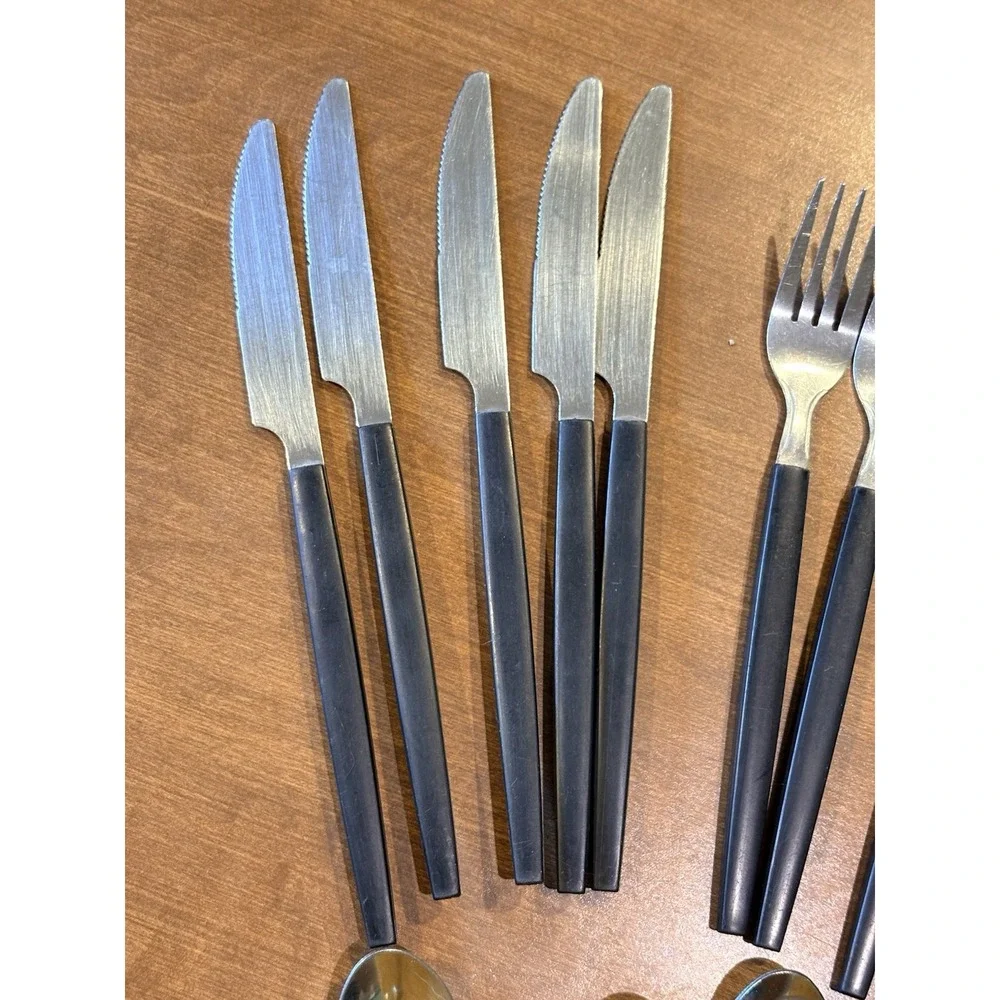 Large Set of MCM Black Handle Flatware Retro Dinerware 50's Forks Knives Spoons